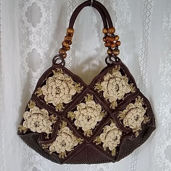 Hand Crafted Handbags - VTG, Crochet Style Retro Handmade Floral Handbag And Shoulder Bag Brown And Gold